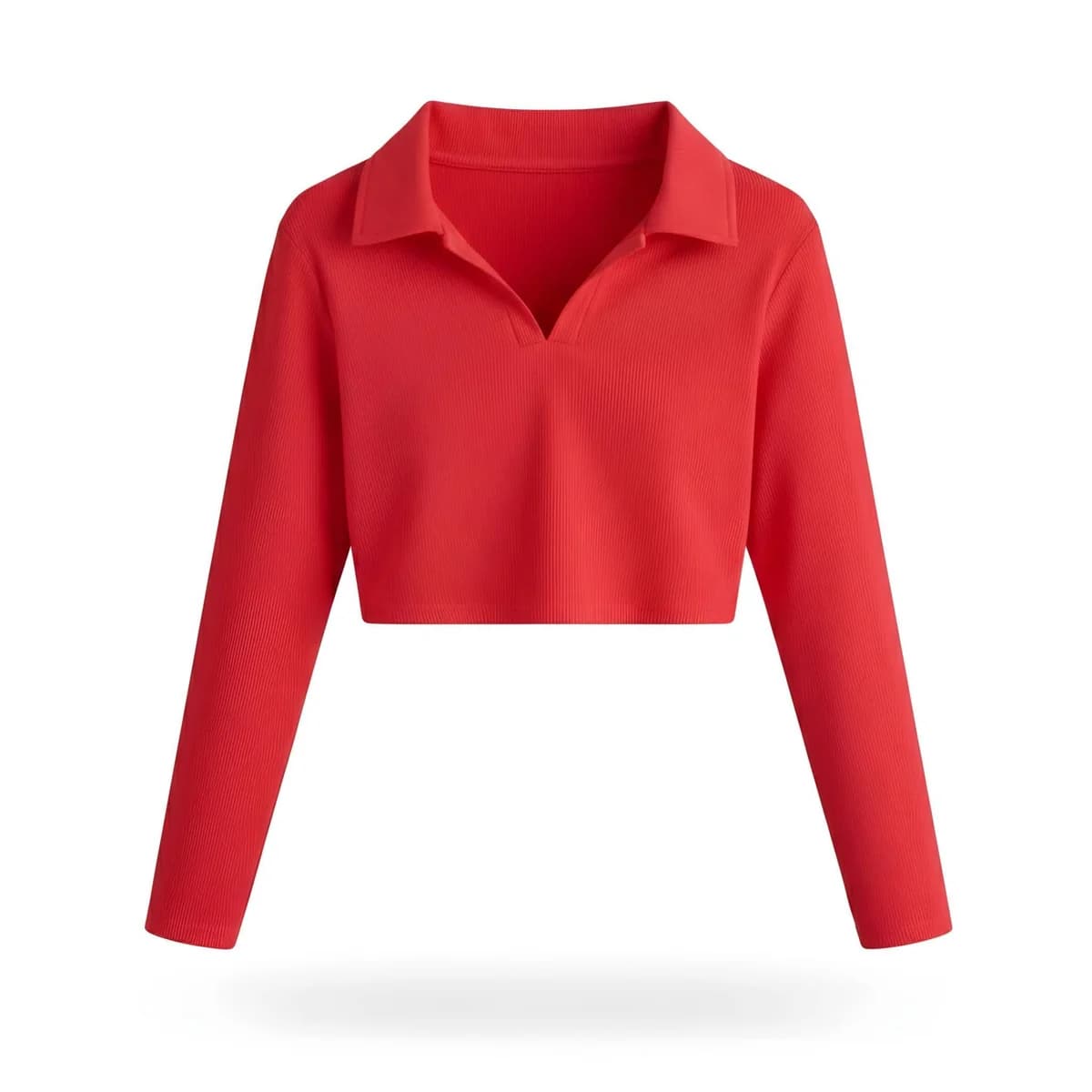 Red Ribbed Cropped Collar Top