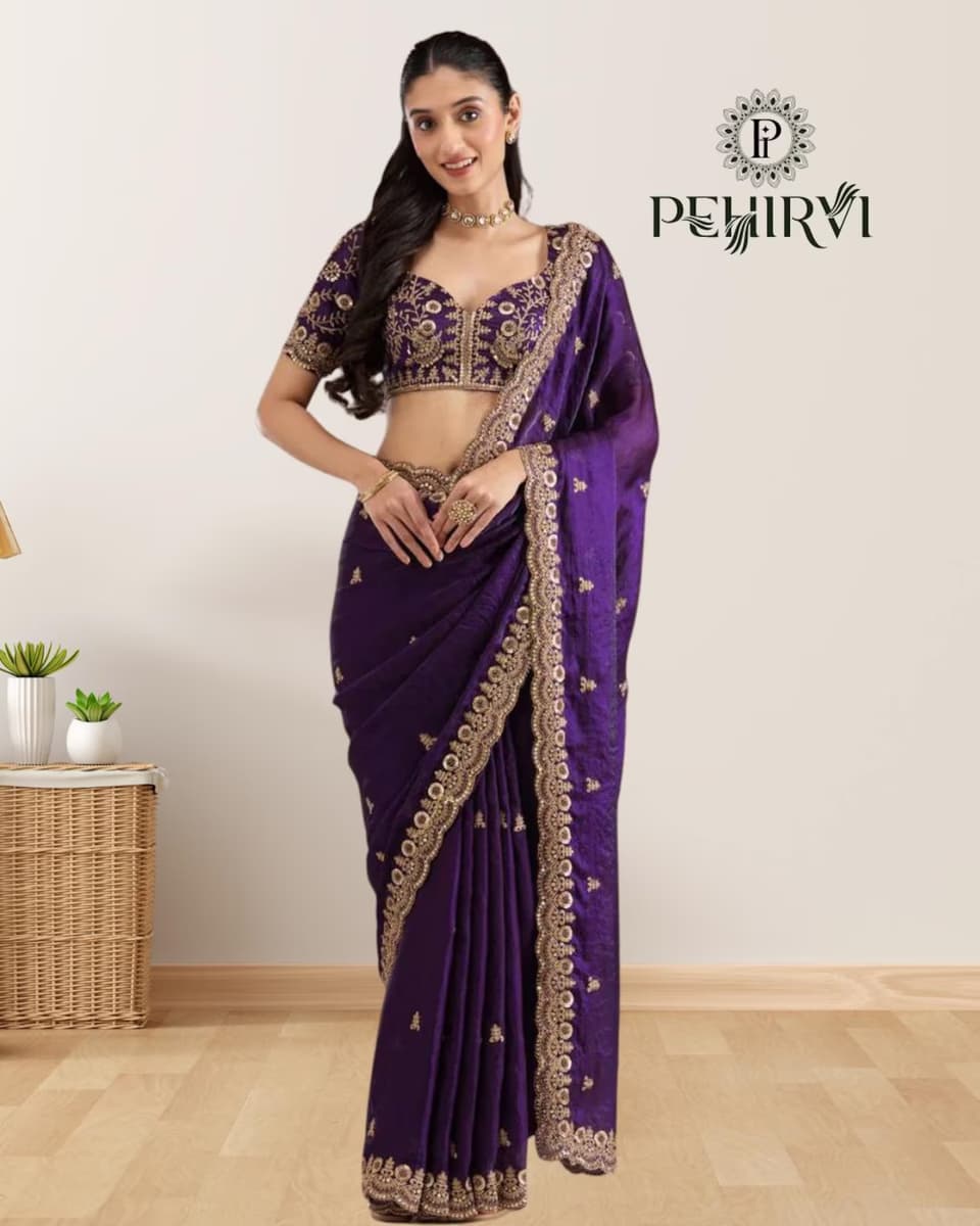 Indian Stylish Purple Silk Saree with Embroidery Sequence Work thumbnail 4