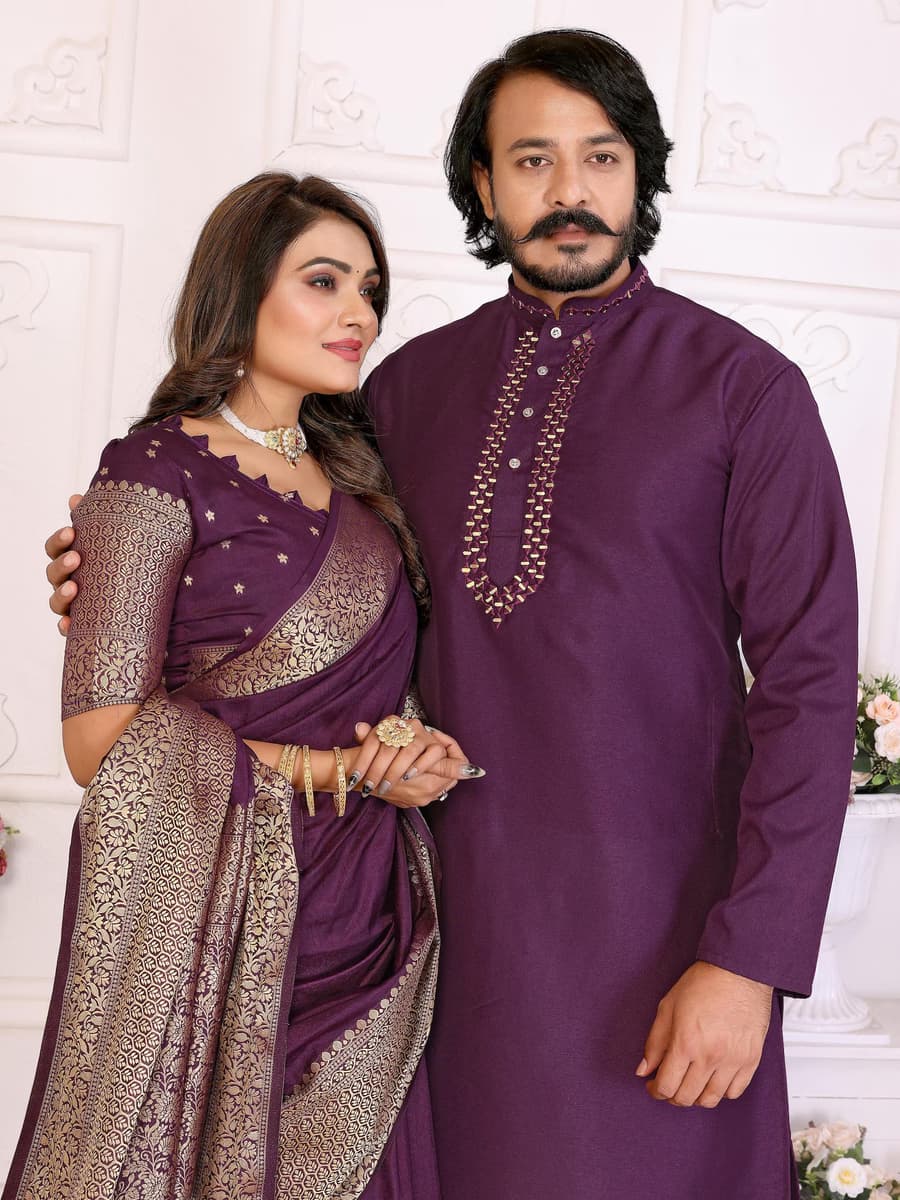 Purple Dola Silk Saree & Mirror Work Kurta Pajama Set thumbnail 4