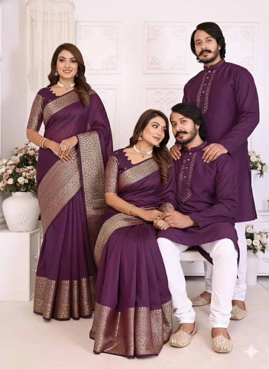 Purple Dola Silk Saree & Mirror Work Kurta Pajama Set thumbnail 2