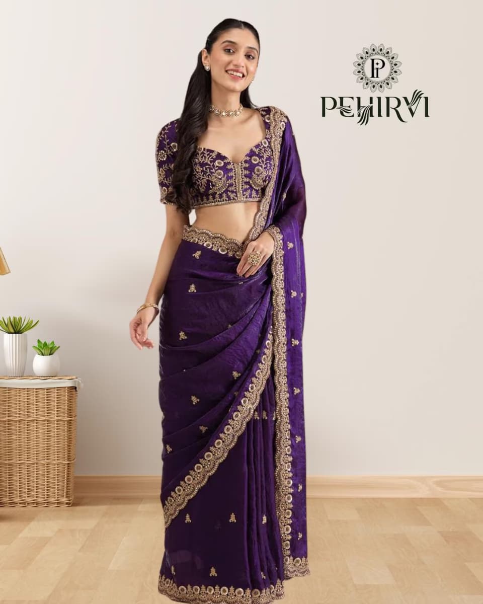 Indian Stylish Purple Silk Saree with Embroidery Sequence Work thumbnail 3