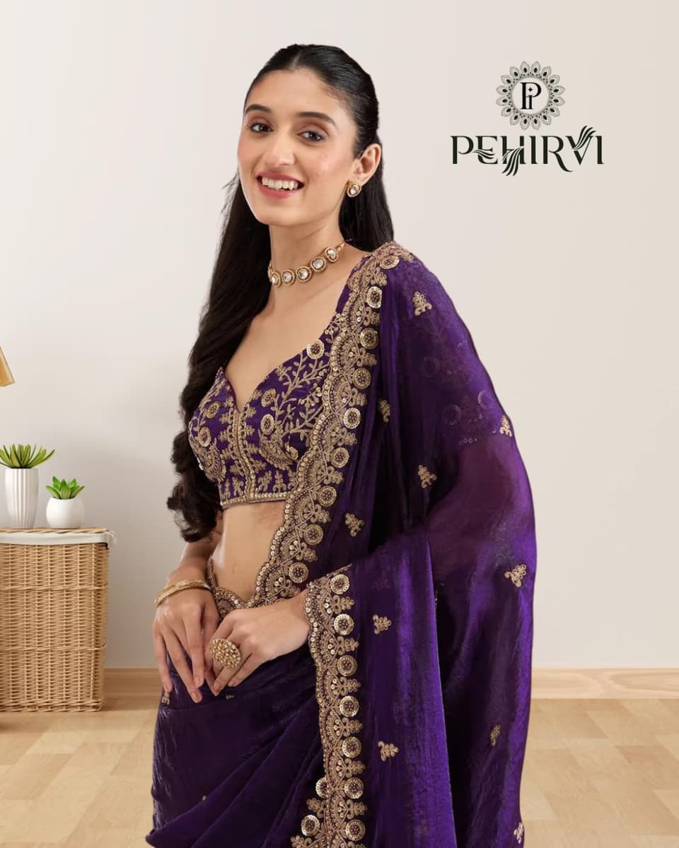 Indian Stylish Purple Silk Saree with Embroidery Sequence Work thumbnail 2