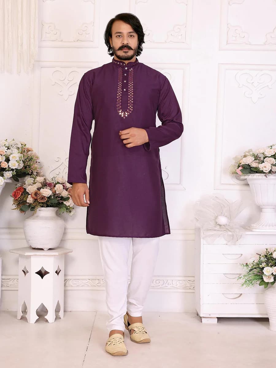 Purple Dola Silk Saree & Mirror Work Kurta Pajama Set thumbnail 5