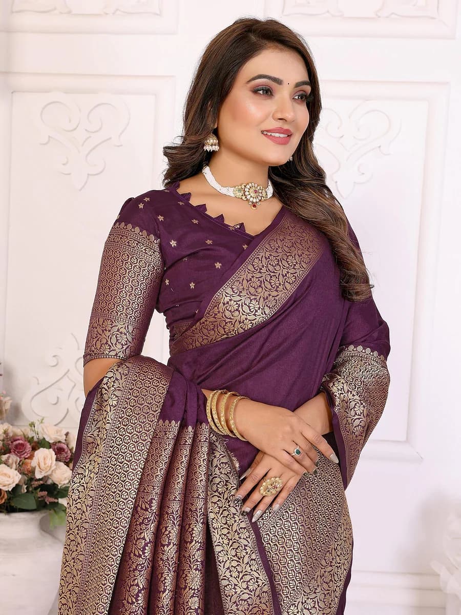 Purple Dola Silk Saree & Mirror Work Kurta Pajama Set thumbnail 3