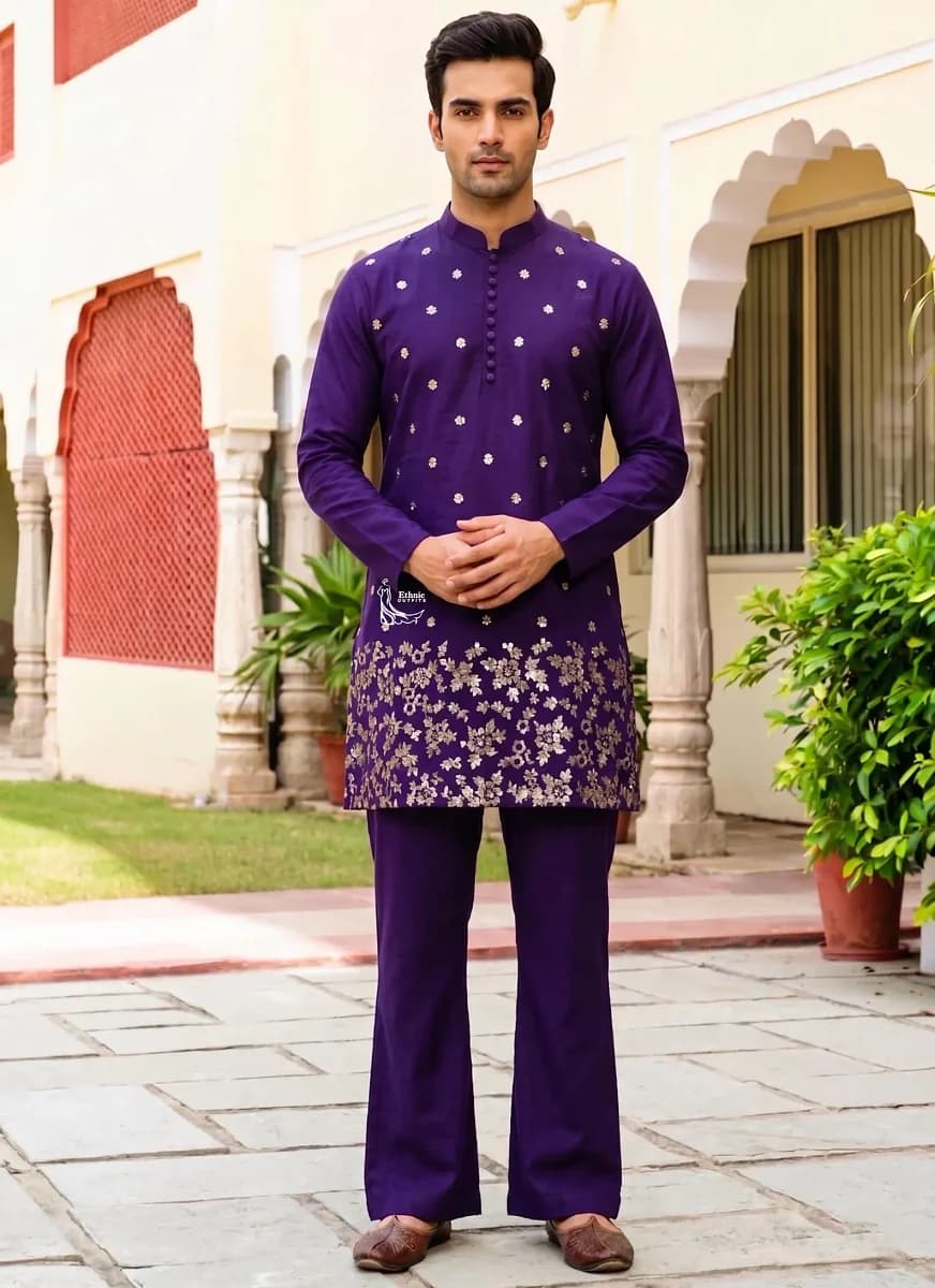 Purple Party Wear Couple Outfit: Embroidered Palazzo Suit & Men's Kurta thumbnail 2