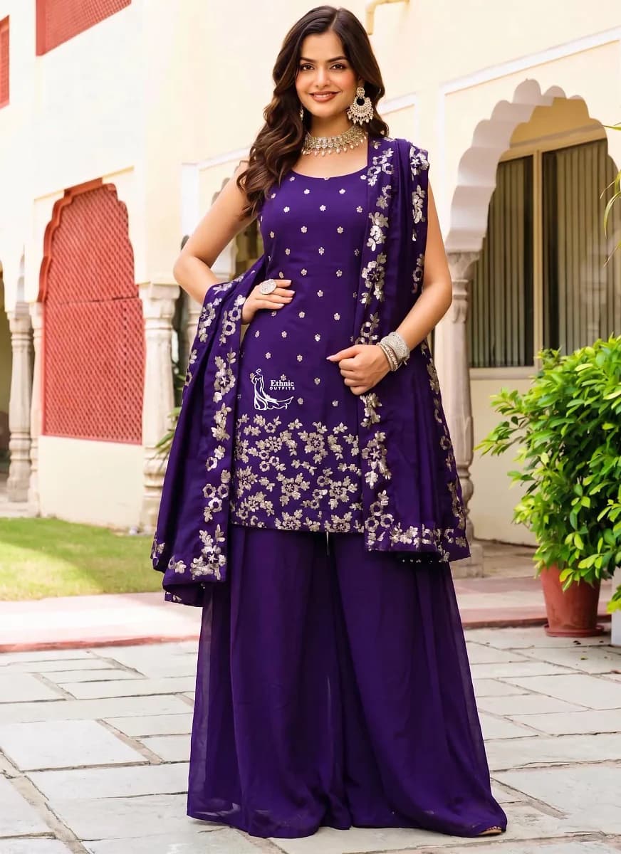 Purple Party Wear Couple Outfit: Embroidered Palazzo Suit & Men's Kurta thumbnail 3