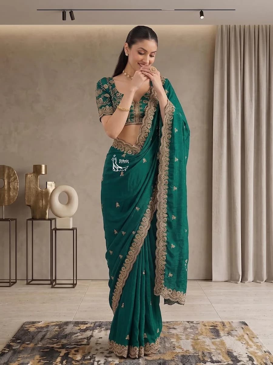 Indian Traditional Saree Set: Rama Green Diamond Work Saree with Blouse thumbnail 3