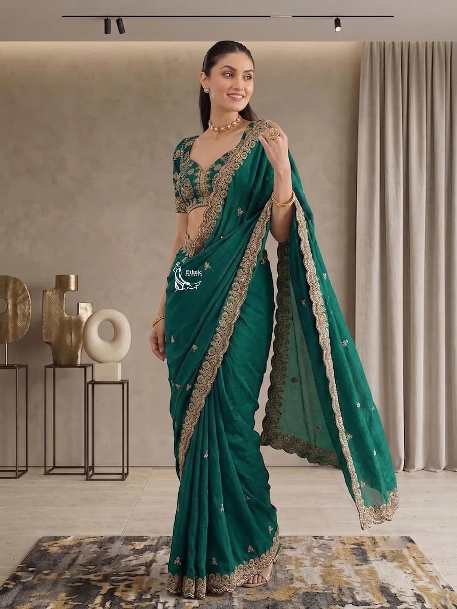 Indian Traditional Saree Set: Rama Green Diamond Work Saree with Blouse thumbnail 5