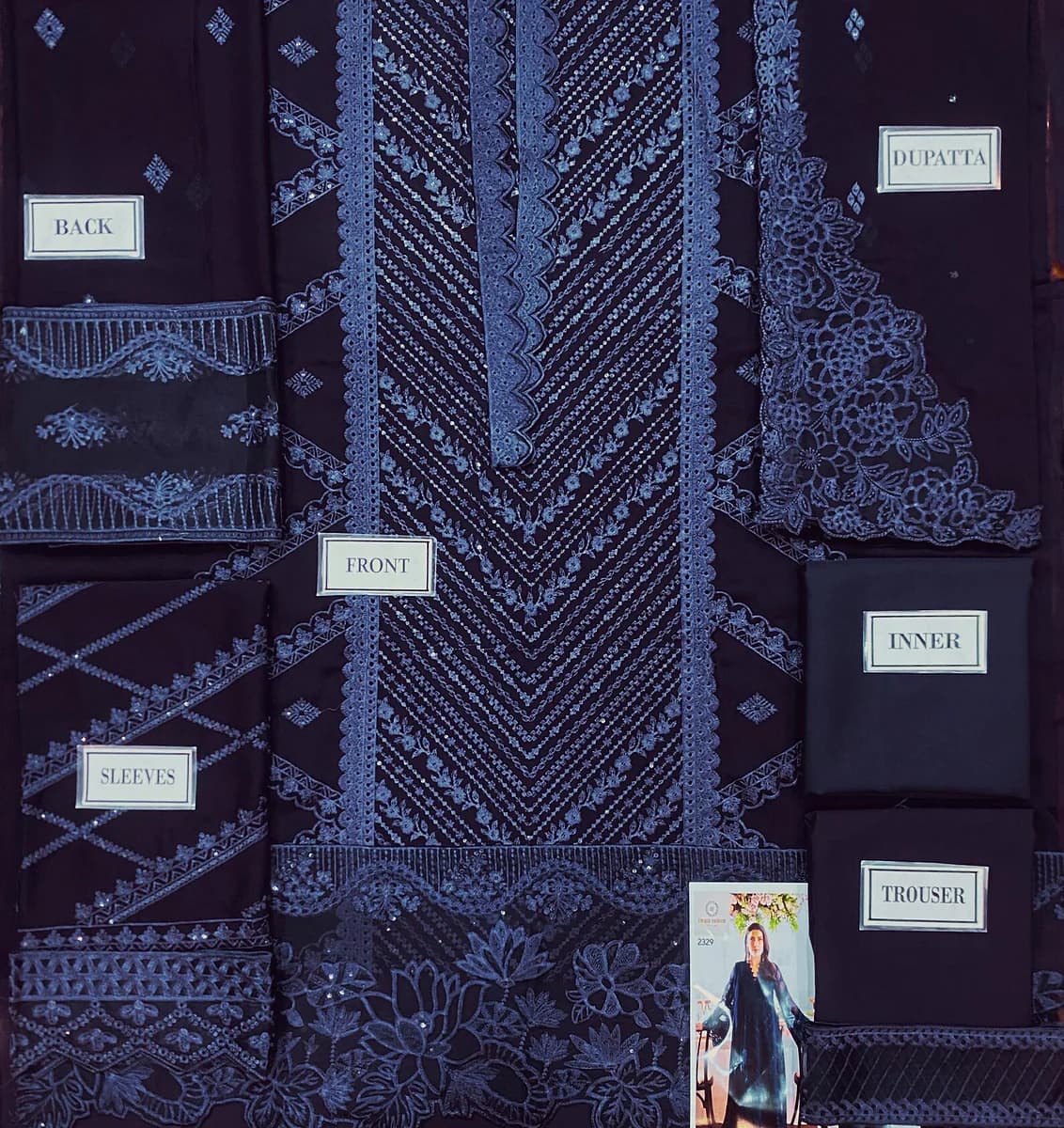 Navy Blue Embroidered Chiffon Stitched Suit thumbnail 3