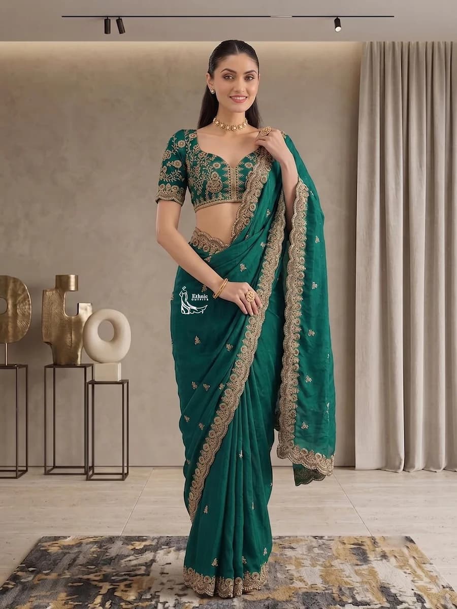 Indian Traditional Saree Set: Rama Green Diamond Work Saree with Blouse thumbnail 4