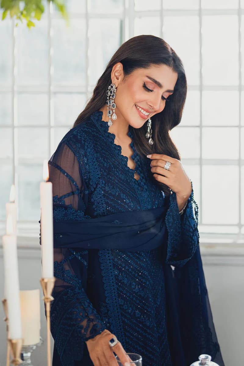 Navy Blue Embroidered Chiffon Stitched Suit thumbnail 4