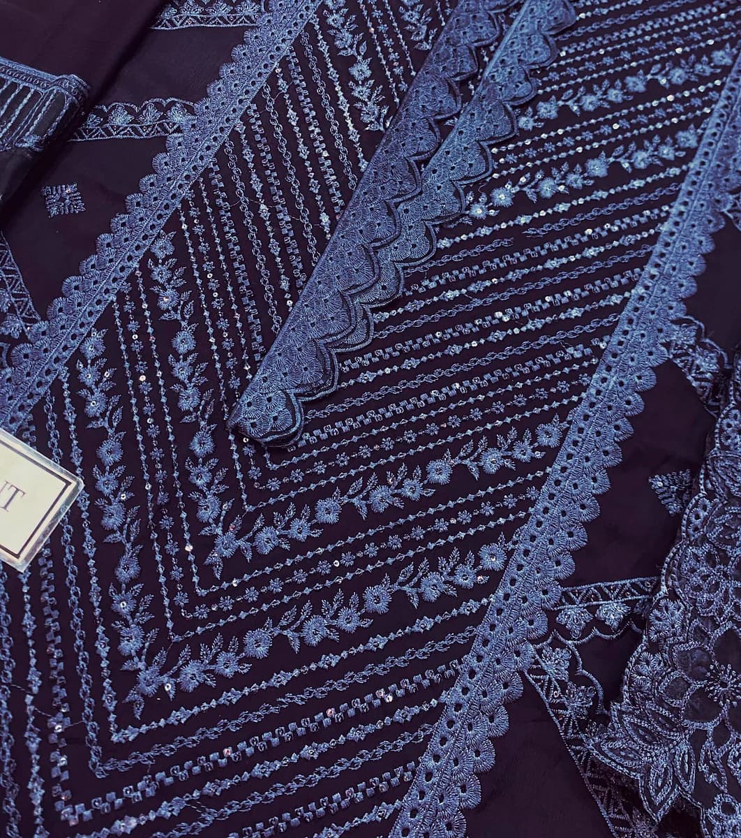 Navy Blue Embroidered Chiffon Stitched Suit thumbnail 2