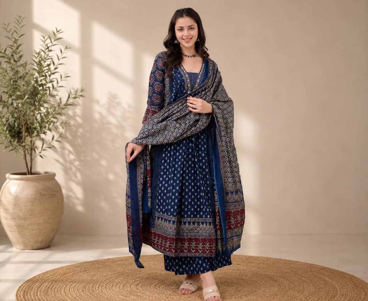 Hand Block Print Kurta Set Indian Rayon Salwar Kameez with Dupatta thumbnail 2