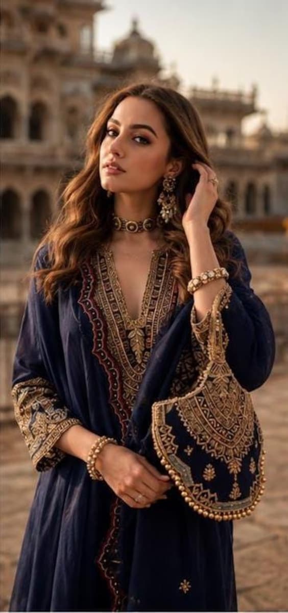 Navy Blue Pakistani Embroidered Salwar Kameez Set thumbnail 3