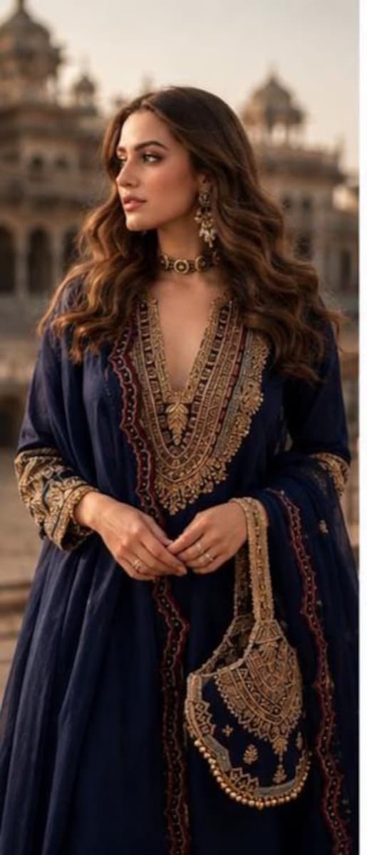 Navy Blue Pakistani Embroidered Salwar Kameez Set thumbnail 2
