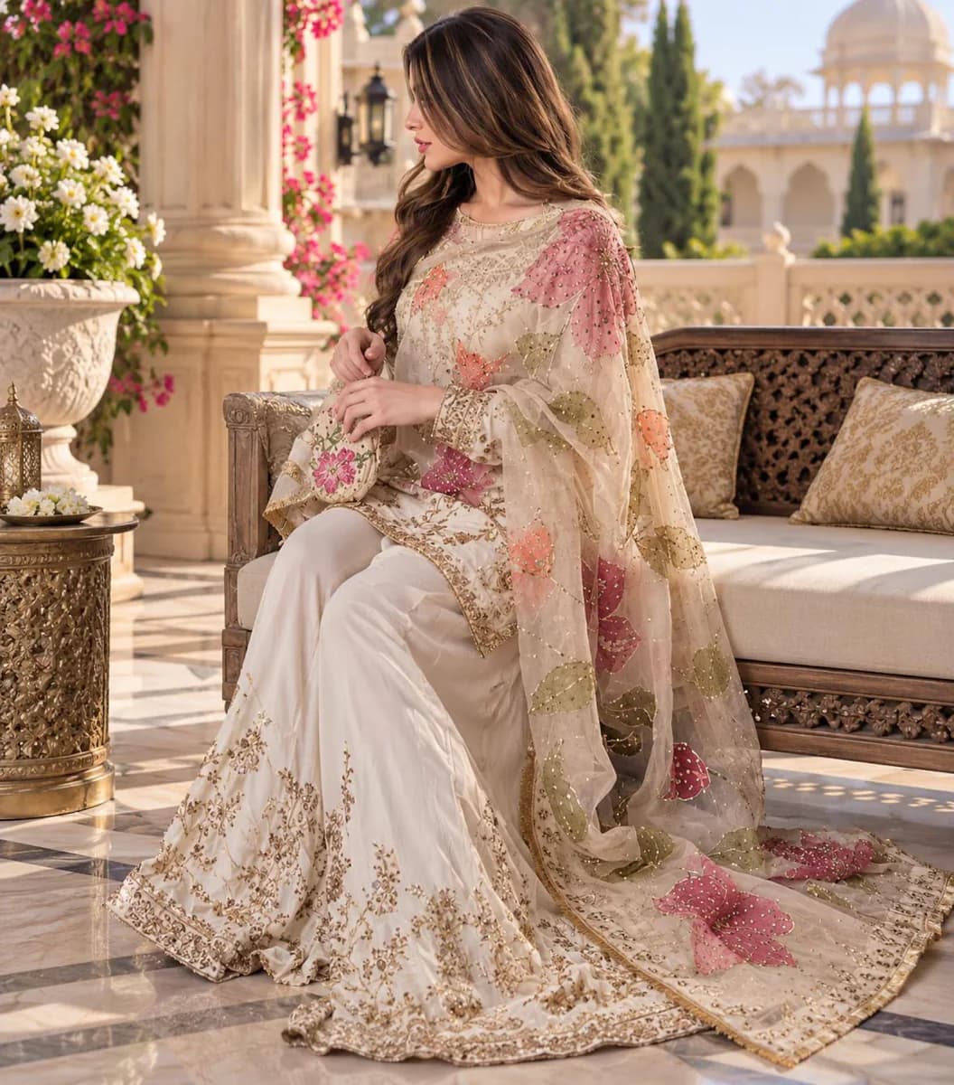 Ivory Embroidered Sharara Suit Set with Floral Dupatta thumbnail 3