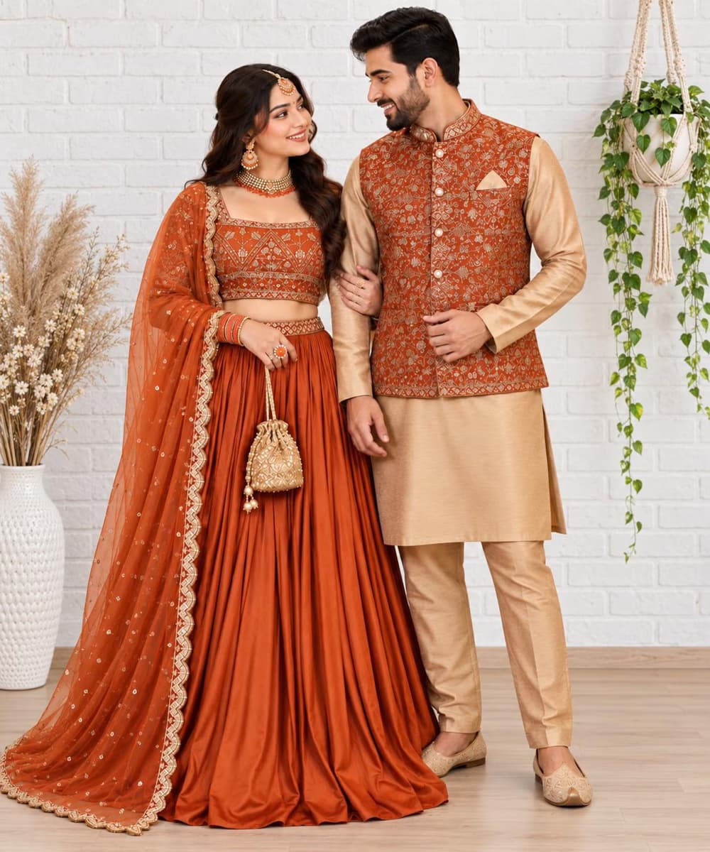 Indian Family Wedding Outfits Matching Lehenga Choli and Kurta Sets thumbnail 2