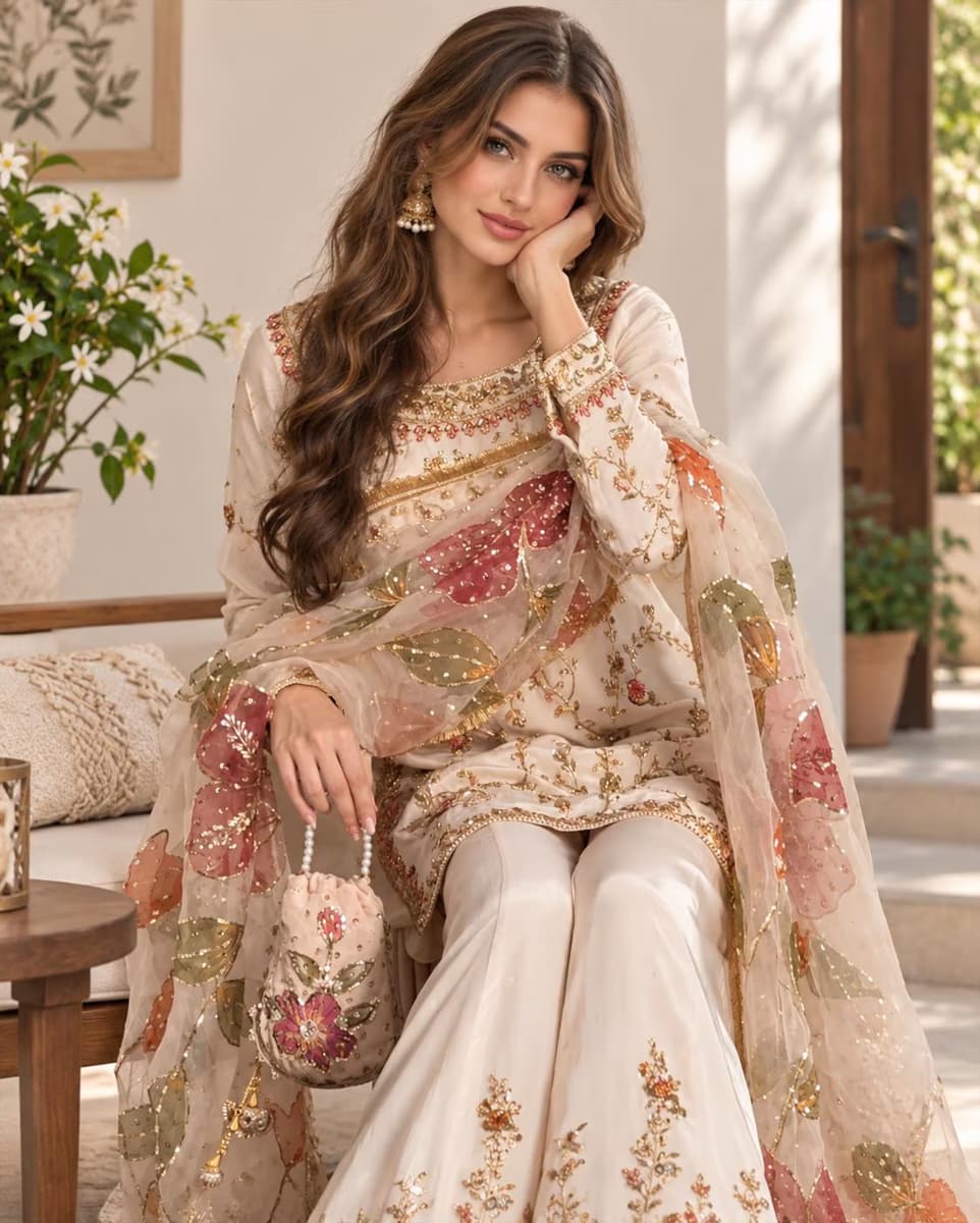 Ivory Embroidered Sharara Suit Set with Floral Dupatta thumbnail 2