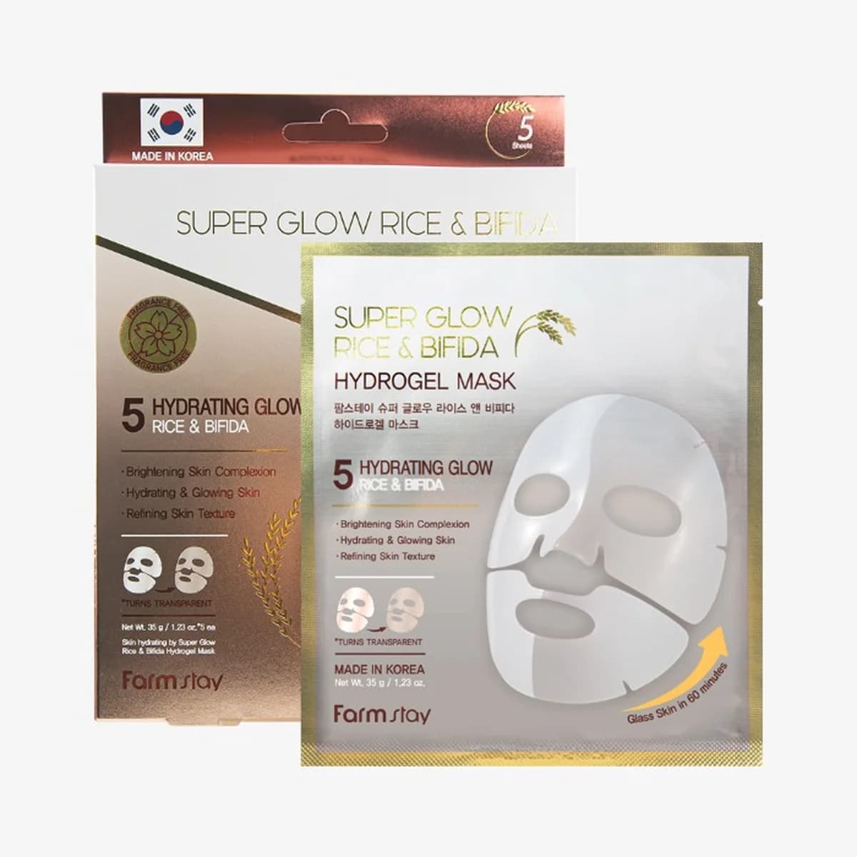 farmstay Super Glow Rice & Bifida Hydrogel Mask - 1box-5ea