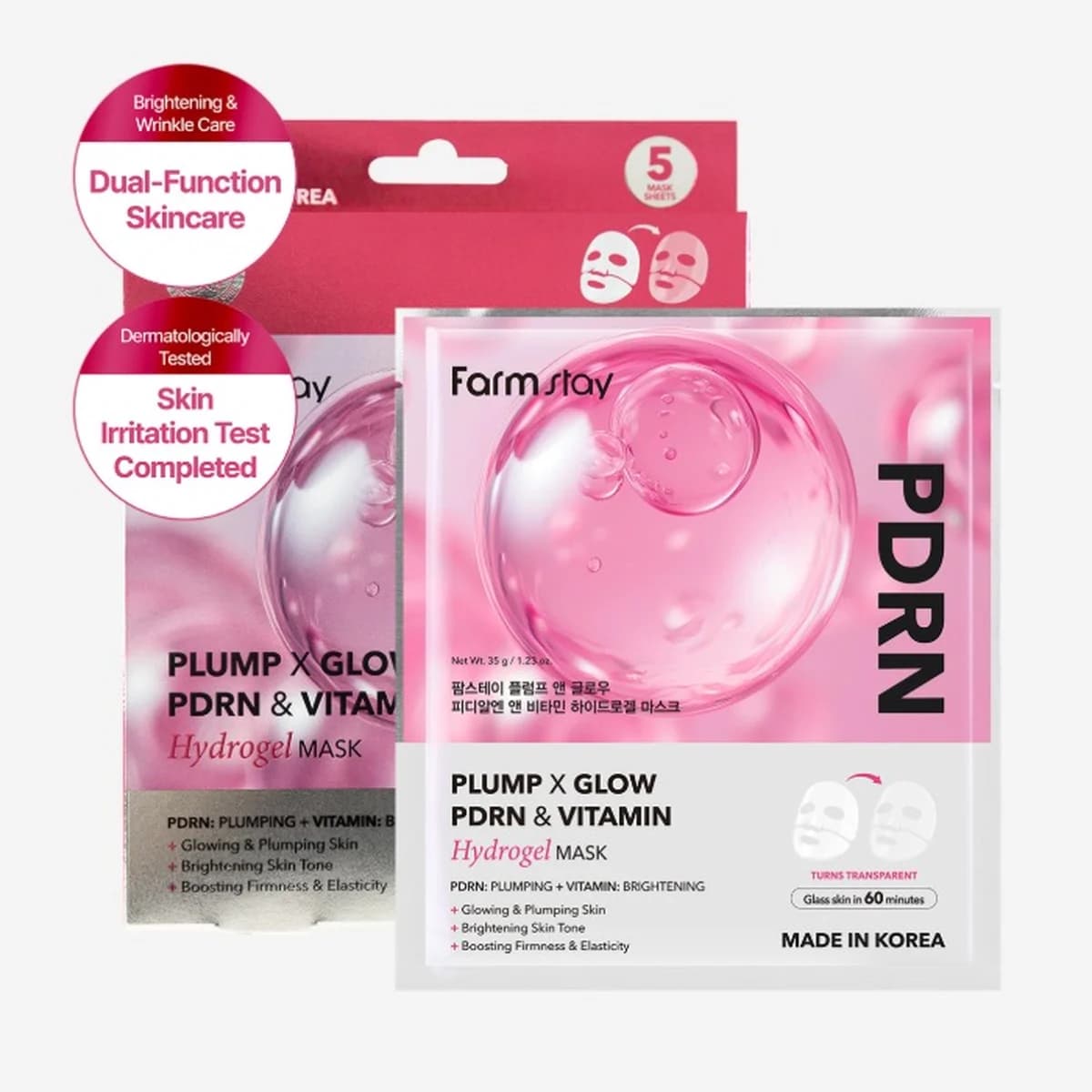 farmstay PLUMP X GLOW PDRN & VITAMIN HYDROGEL MASK - 1box-5-pieces