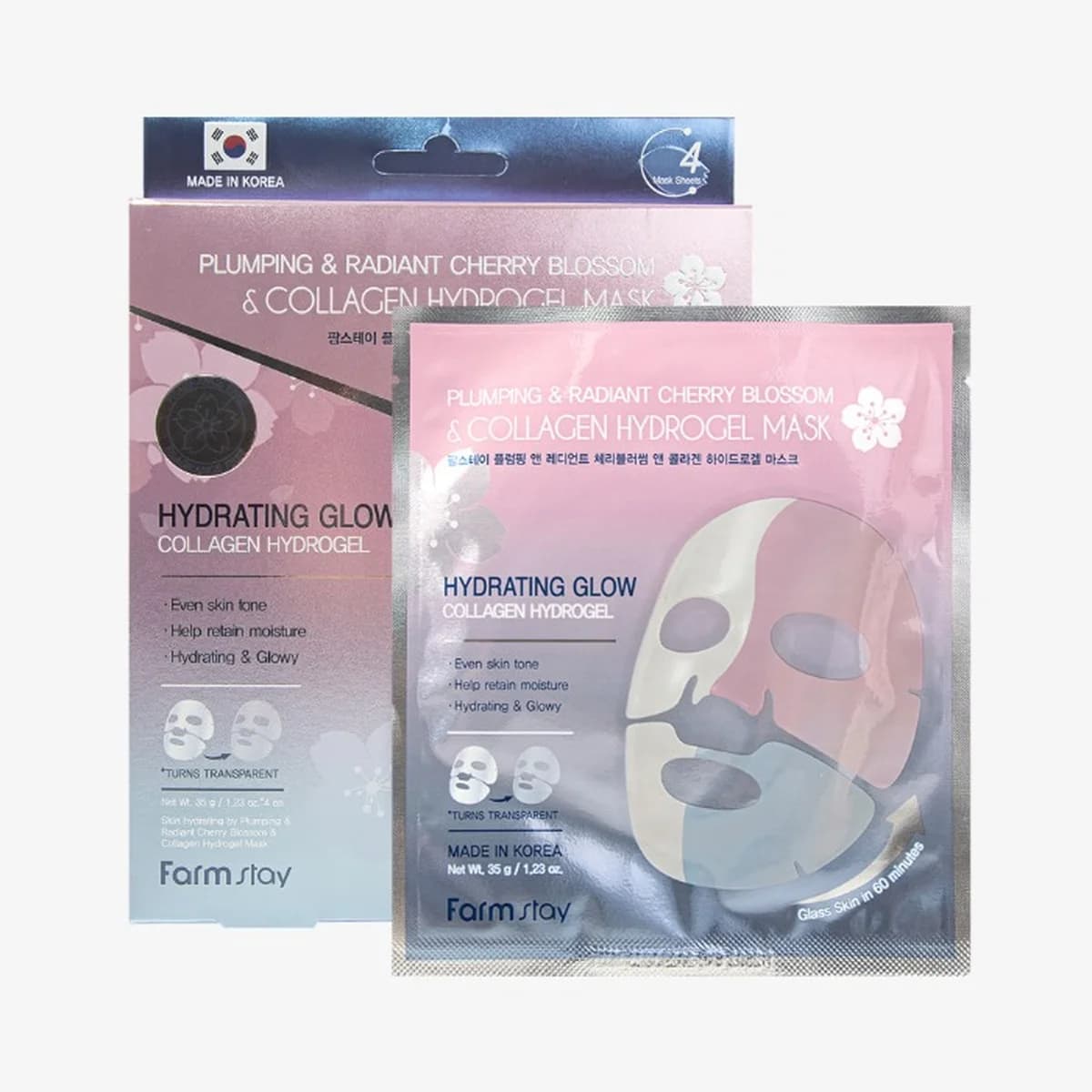 farmstay Plumping & Radiant Cherry Blossom & Collagen Hydrogel Mask - 1box-4-pieces