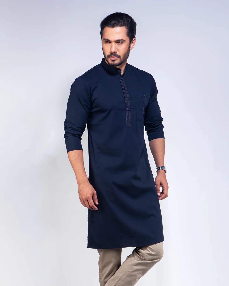 Men's Blue Casual Panjabi - Stretch Fabric